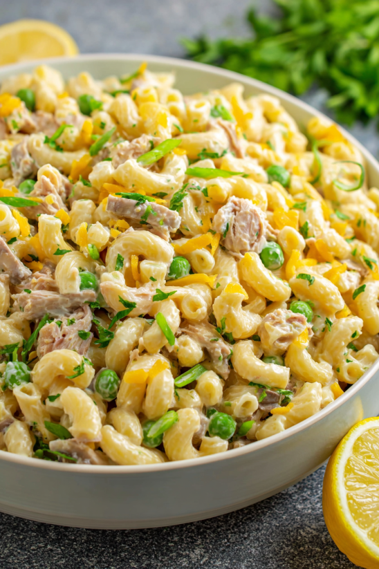 A bowl of creamy tuna macaroni salad.