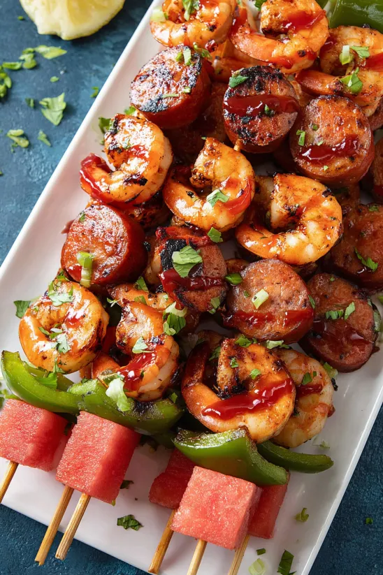 Shrimp and sausage skewers with a side of watermelon.