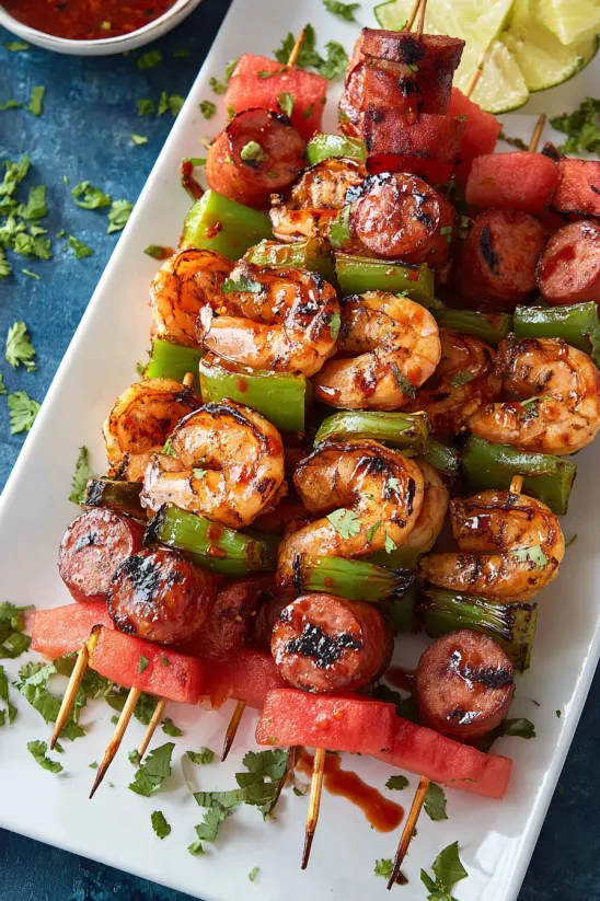 Shrimp and sausage skewers on a white plate.