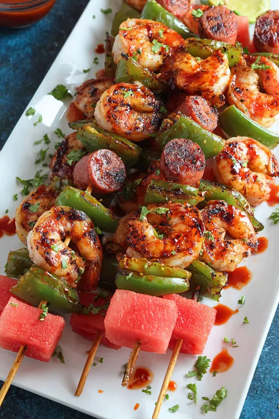 Shrimp and sausage skewers on a plate.