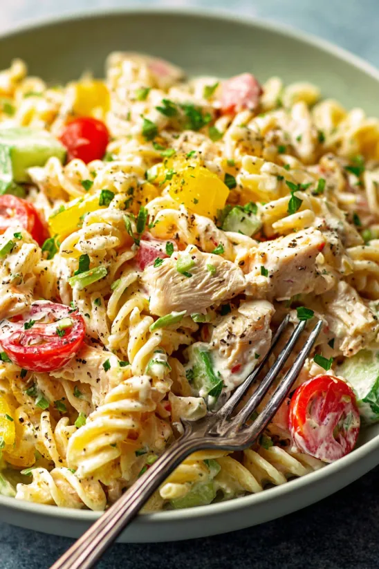 A plate of pasta salad with chicken and tomatoes.