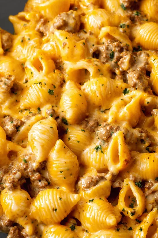 A homemade Hamburger Helper dish with pasta and meat.