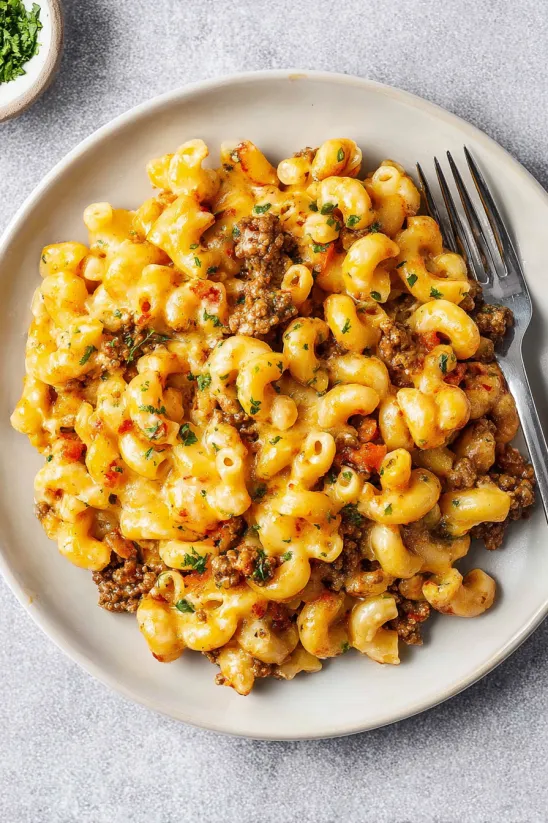A plate of macaroni and cheese with meat.