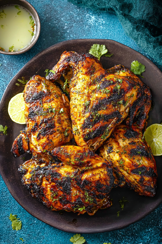 A plate of chicken with a harissa sauce.