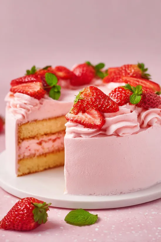 A slice of homemade strawberry cake.