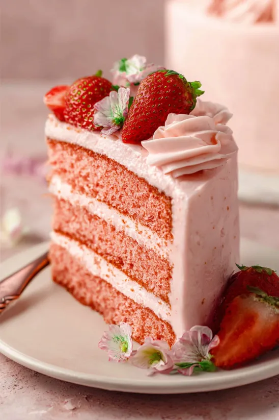 A slice of homemade strawberry cake.