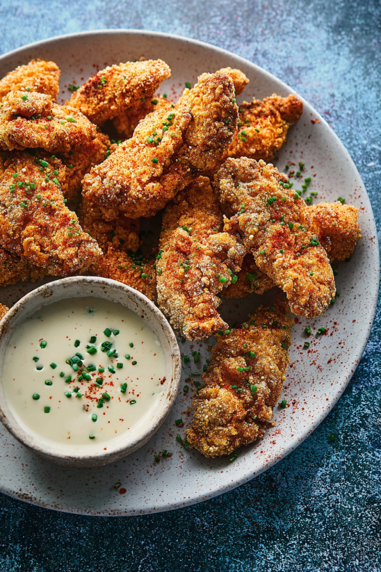 A plate of fried oysters with a bowl of sauce.