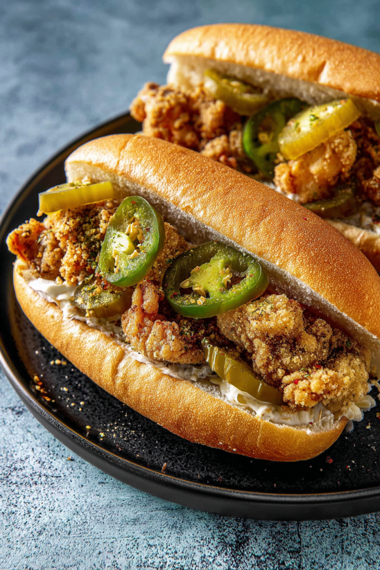 A sandwich with fried oysters and jalapenos.