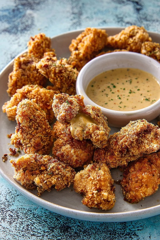 A plate of fried oysters with a bowl of sauce.