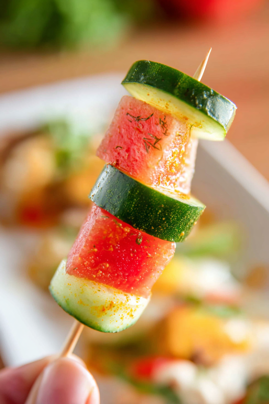 A skewer of fruit and vegetables.