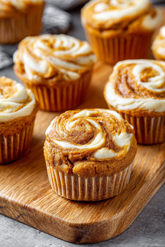 A plate of pumpkin cream cheese muffins.