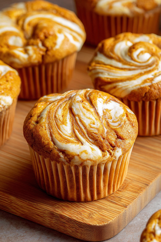 A muffin with cream cheese and pumpkin on top.