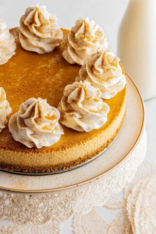 A slice of pumpkin cheesecake with whipped cream on top.
