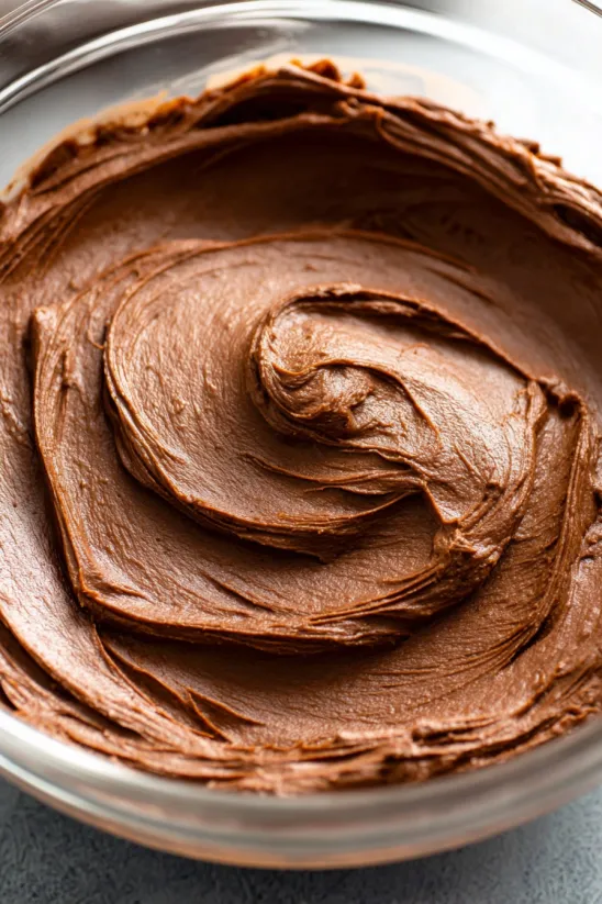 Chocolate buttercream frosting in a bowl.