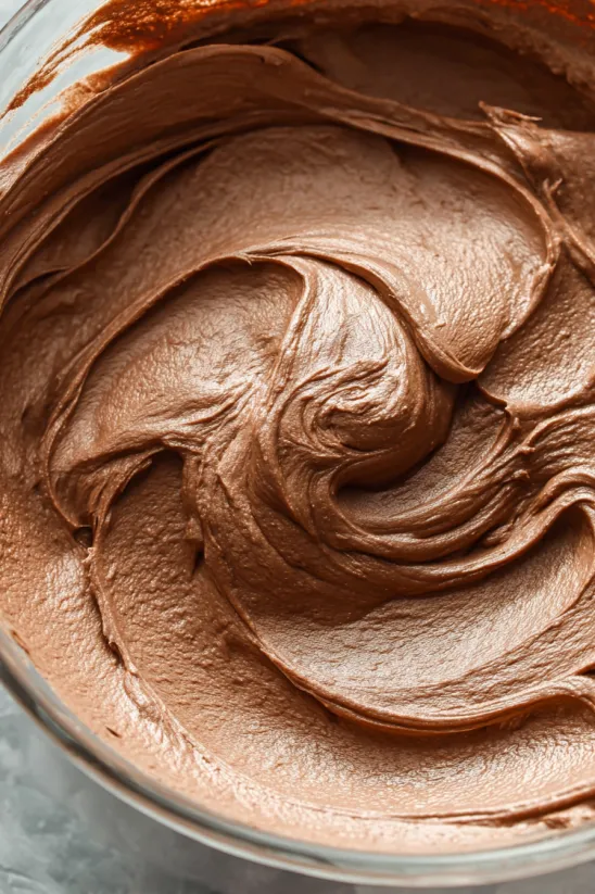 A close up of a chocolate frosting.