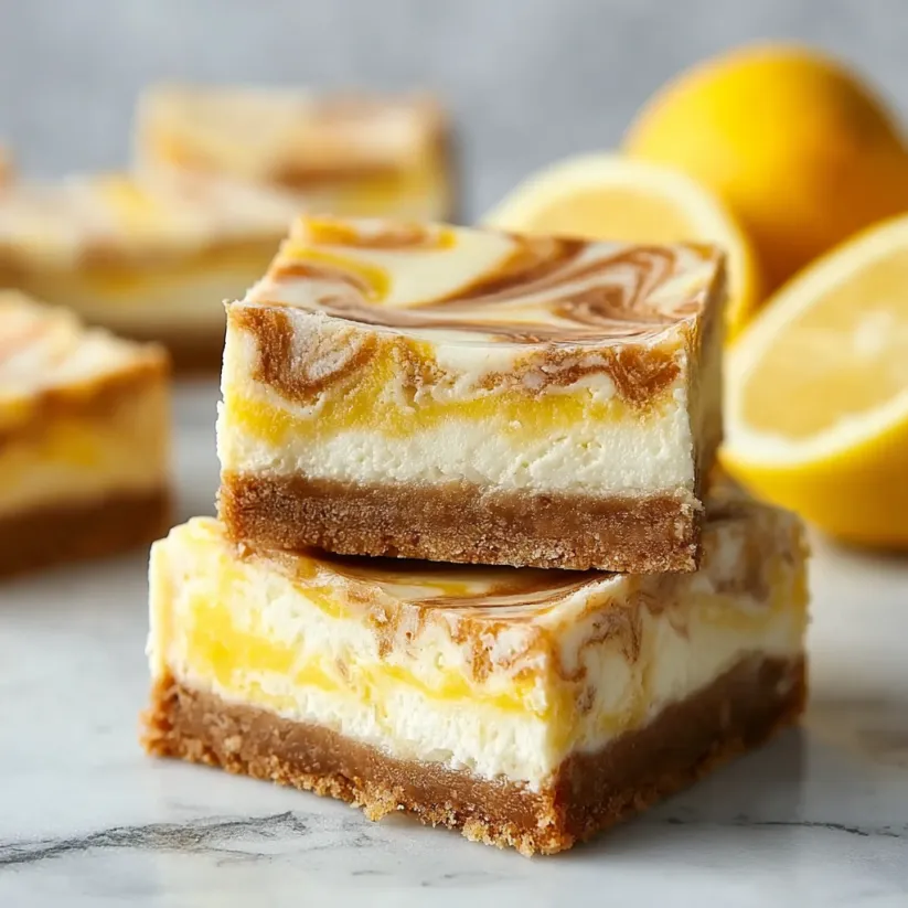 A stack of three lemon marbled cheesecake bars.