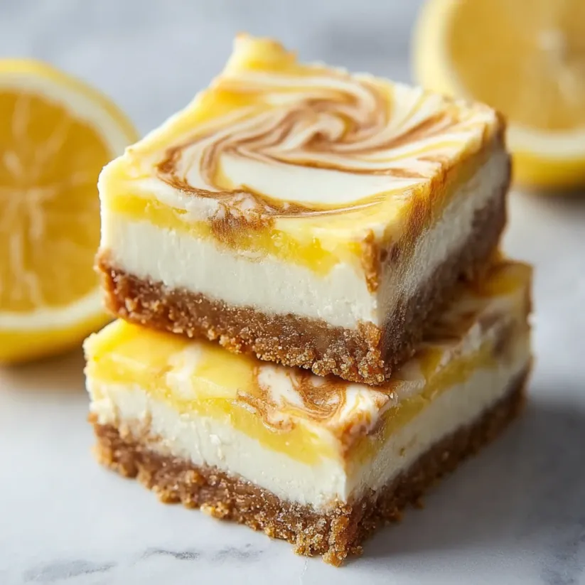 A stack of lemon marbled cheesecake bars.