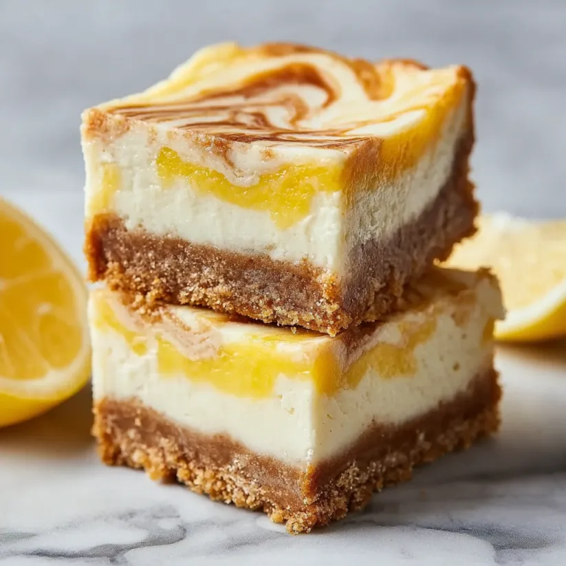 A stack of three lemon marbled cheesecake bars.