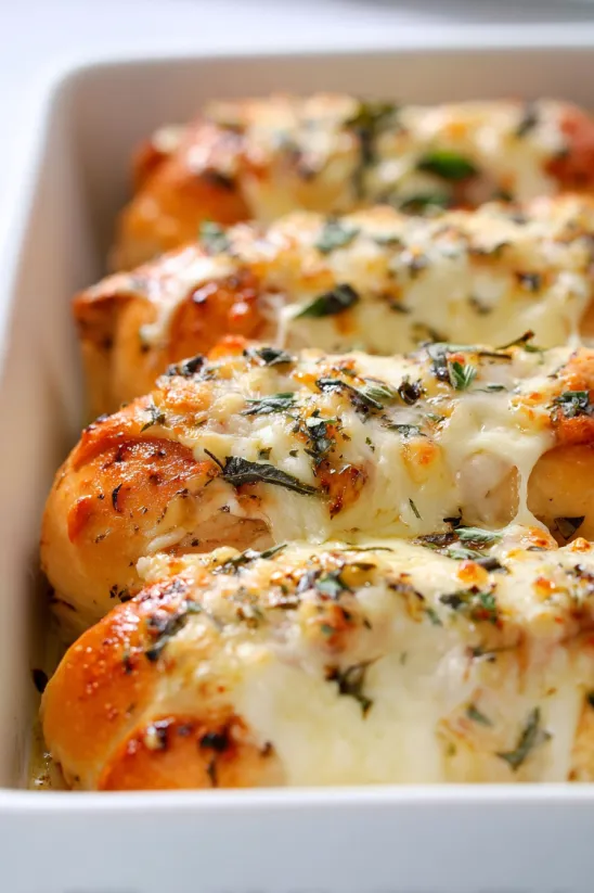 Cheesy garlic hawaiian rolls in a white bowl.
