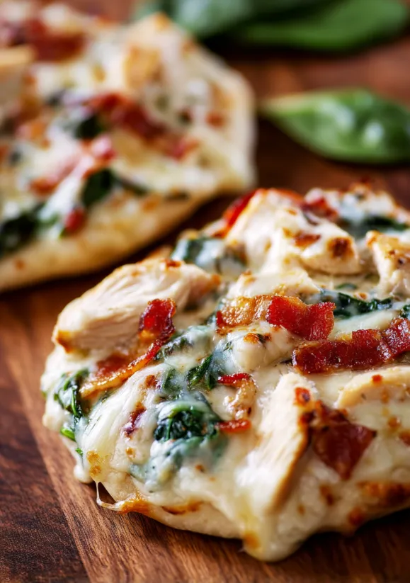 Two pieces of Tuscan garlic chicken pita pizzas.