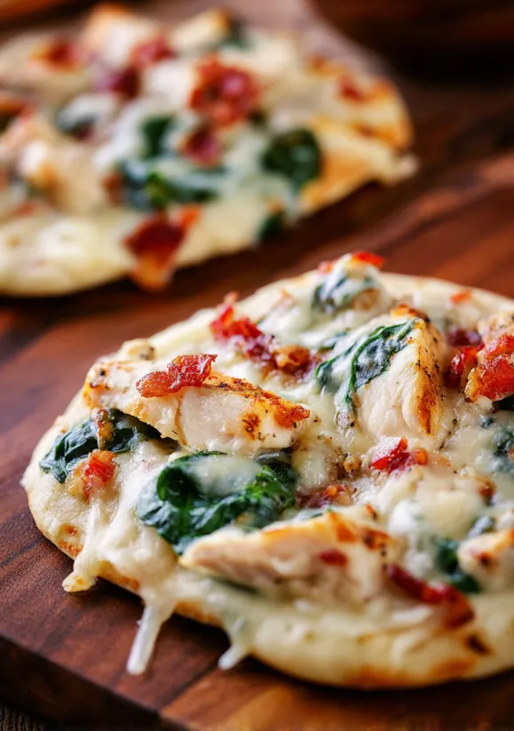 Two Tuscan Garlic Chicken Pita Pizzas on a wooden table.