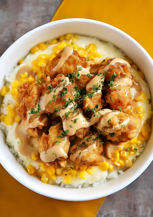 A bowl of chicken and mashed potatoes.