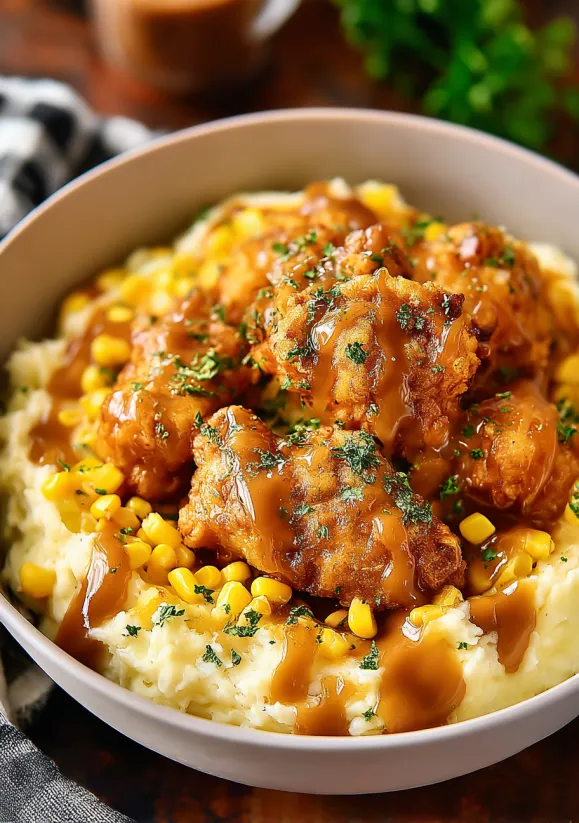 A bowl of chicken and mashed potatoes.