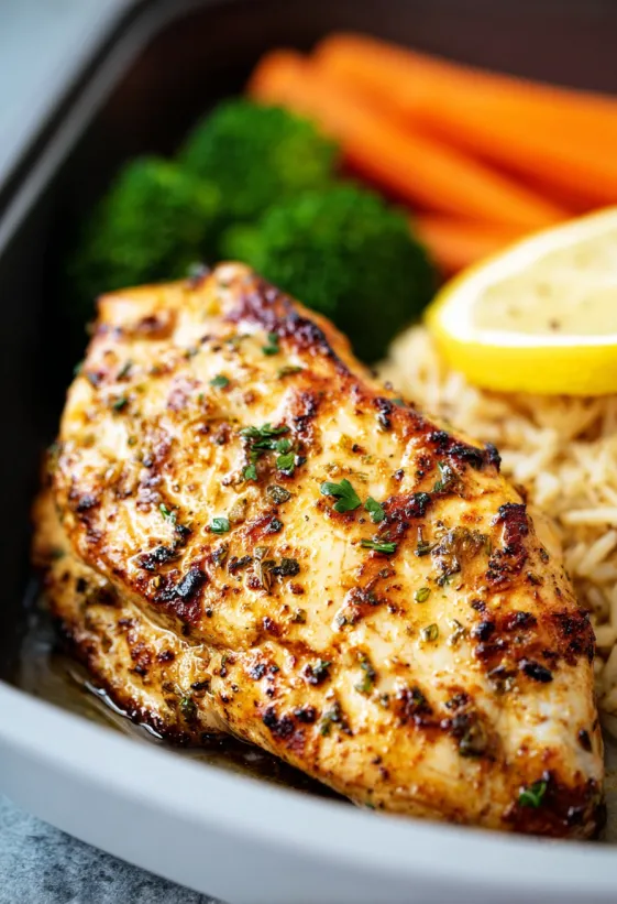 A piece of chicken with garlic and parmesan seasoning.