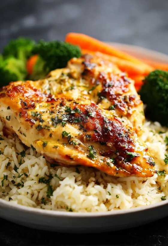A plate of rice and chicken with garlic and parmesan seasoning.