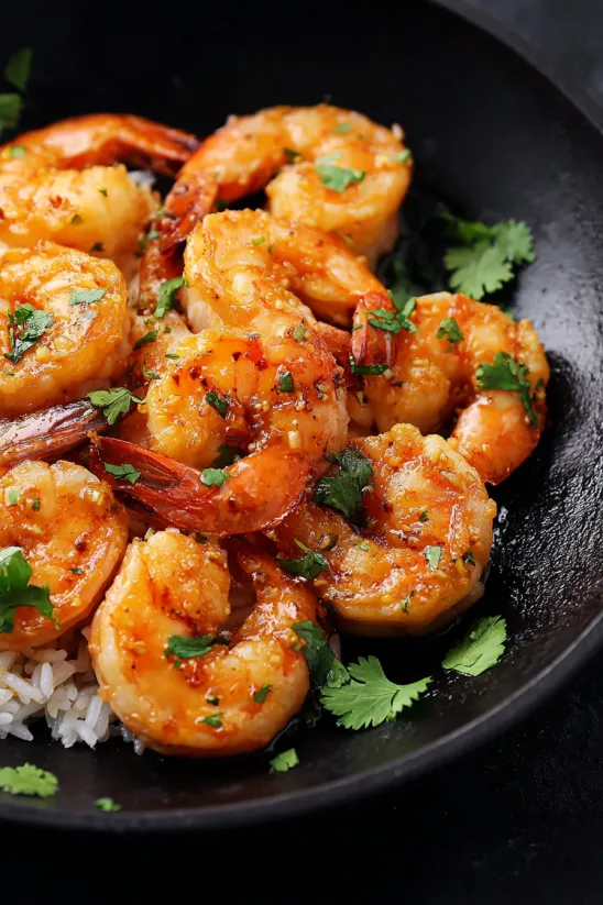 A plate of shrimp with garlic and herbs.