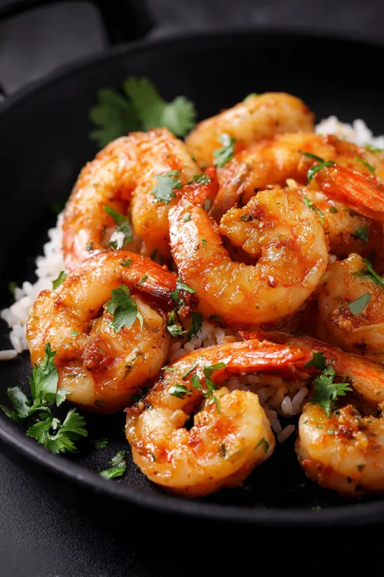 A bowl of shrimp with garlic and herbs.