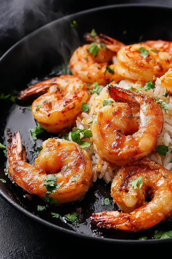 A plate of shrimp with garlic and rice.