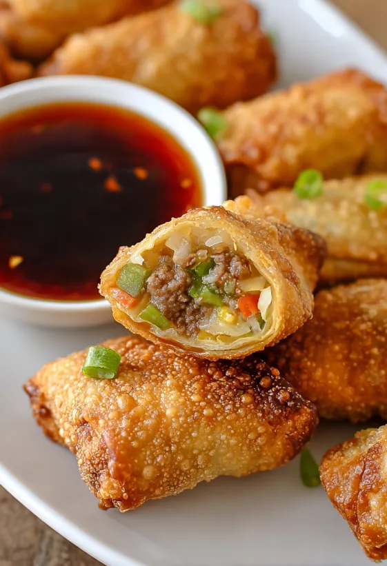A plate of chicken egg rolls with a dipping sauce.