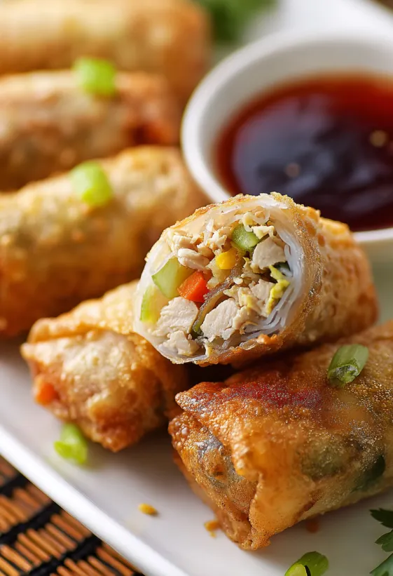 A plate of chicken egg rolls with a dipping sauce.