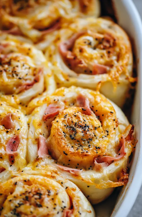 A dish of baked ham and cheese roll ups.