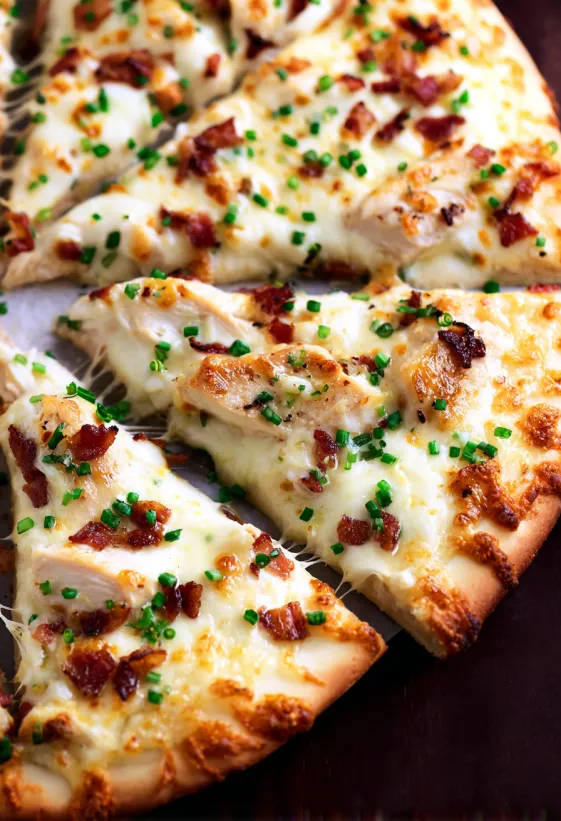 A slice of chicken Alfredo pizza.