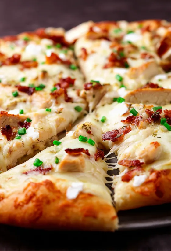A slice of chicken Alfredo pizza.