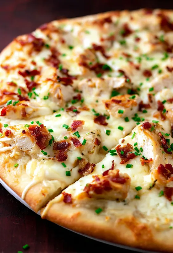 A slice of chicken Alfredo pizza.