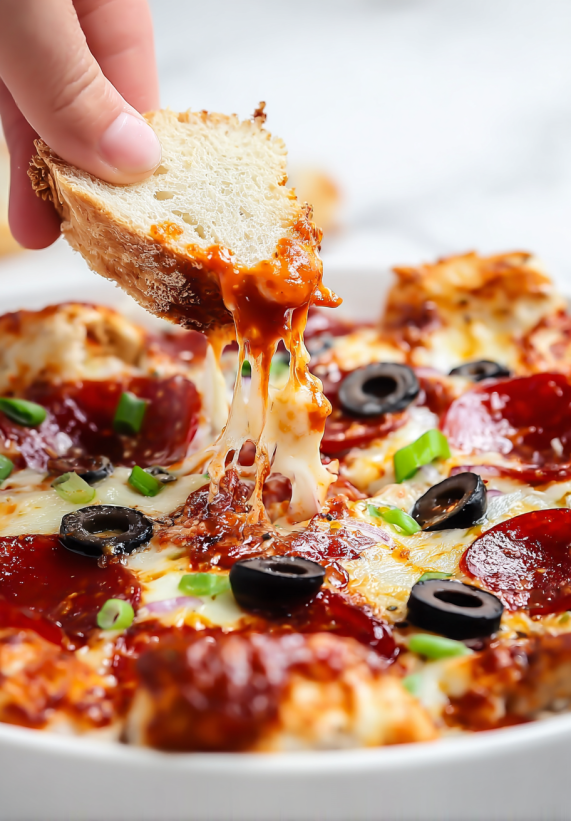 A slice of pizza is being dipped into a bowl of sauce.