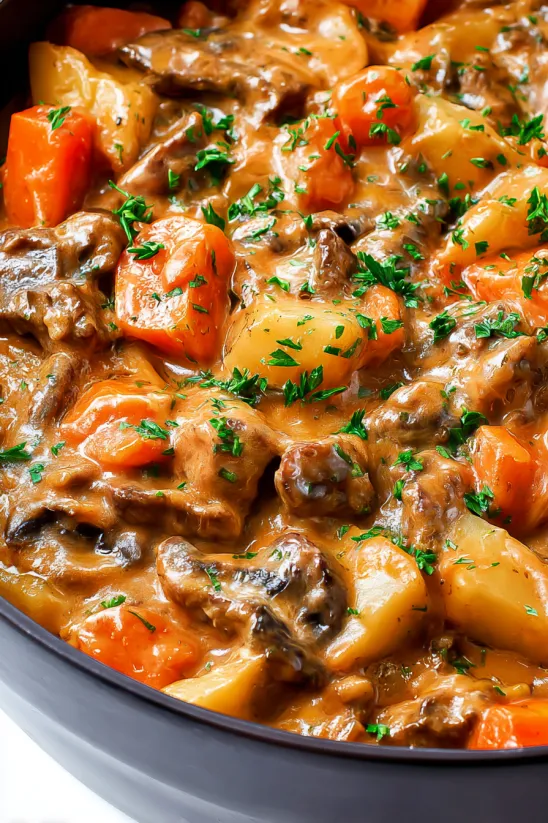 A close up of a delicious oven baked stew.