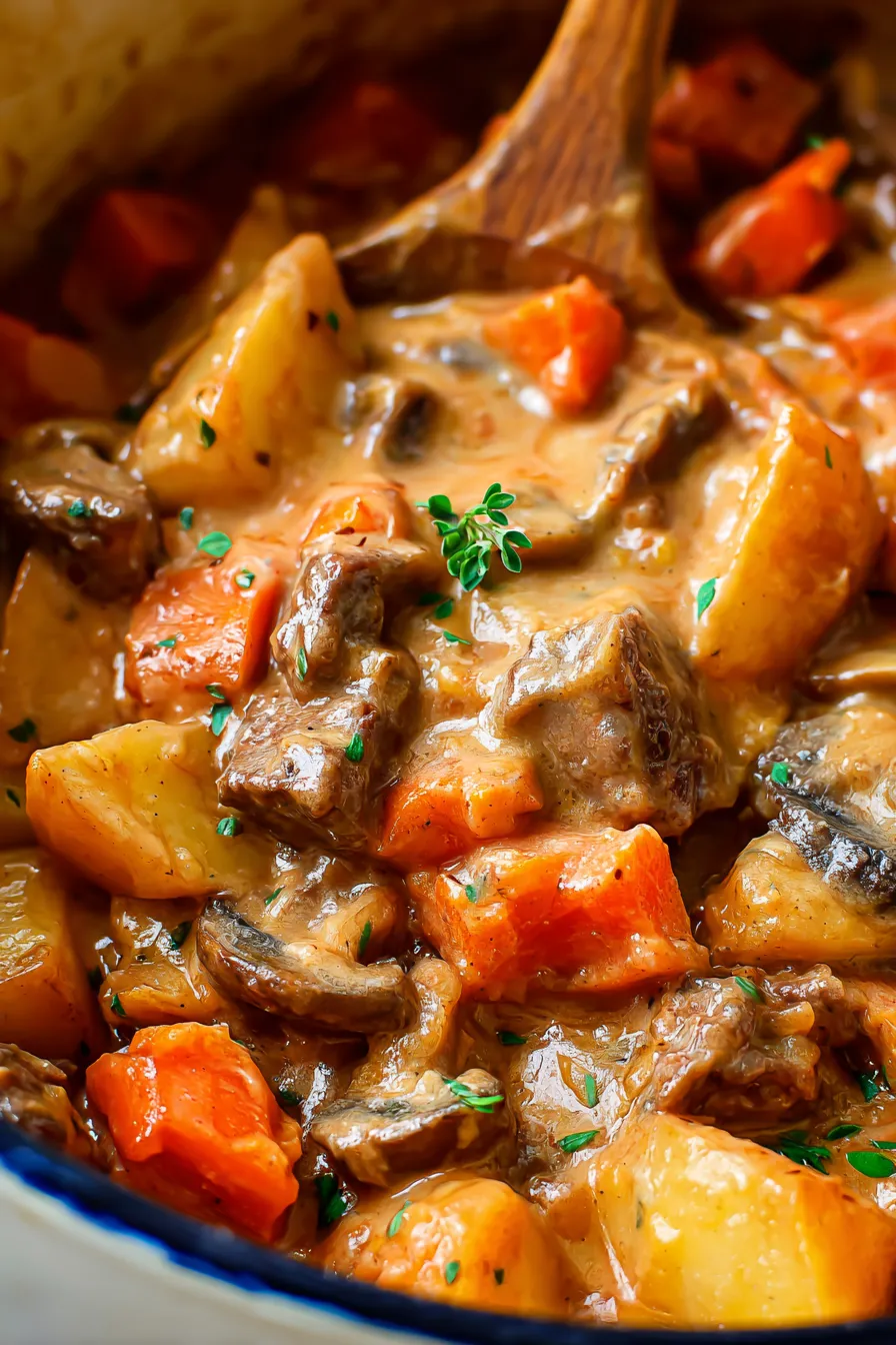 A close up of a delicious oven baked stew.