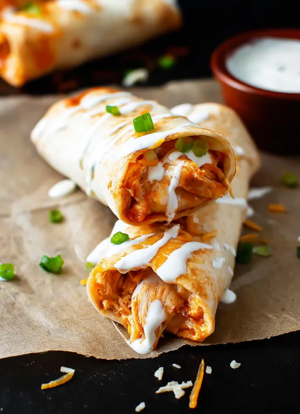 A close up of a baked buffalo chicken taquito.
