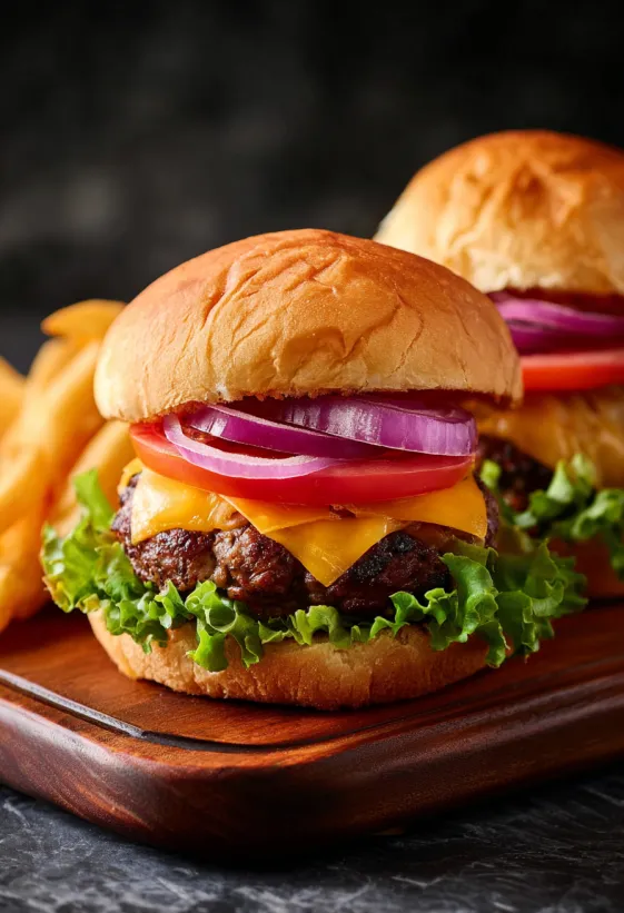 Two cheeseburgers with tomatoes and onions.