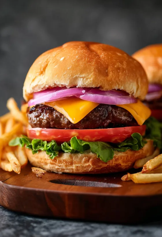 A cheeseburger with tomato, onion, and lettuce.