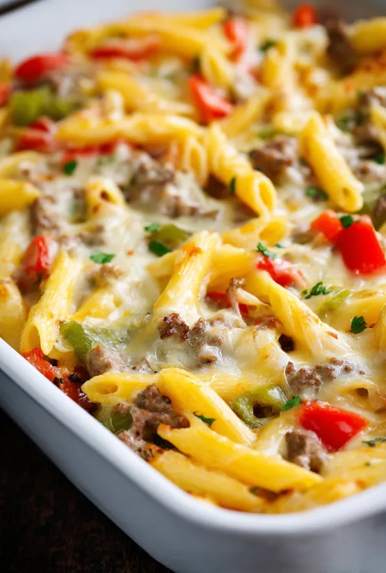A dish of pasta with meat and cheese.