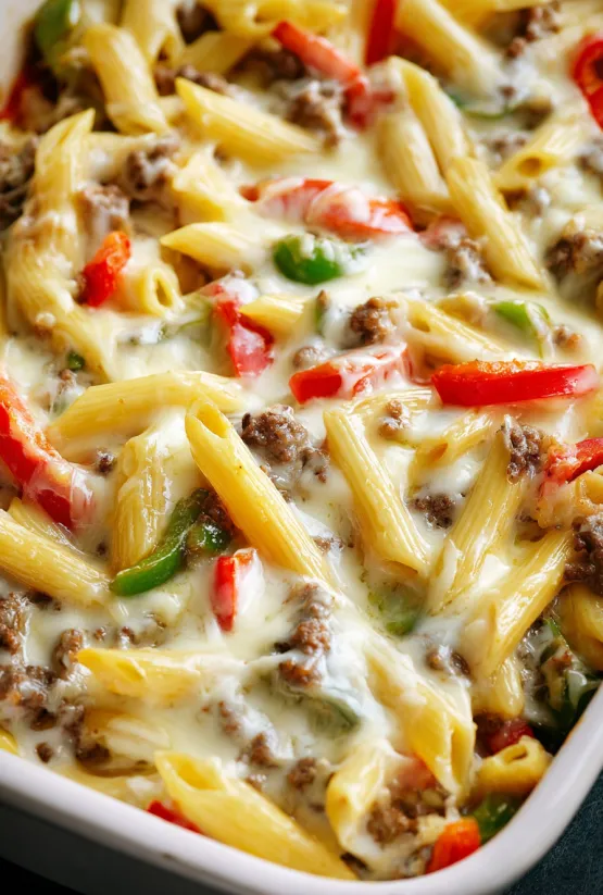 A close up of a delicious Philly Cheesesteak Pasta Bake.