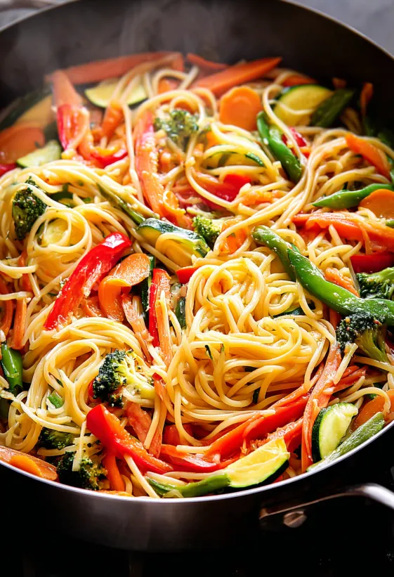 A creamy pasta primavera dish with a variety of vegetables.