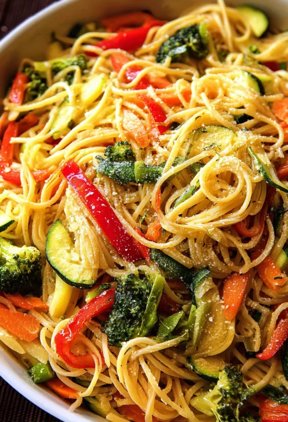 A dish of creamy pasta primavera.