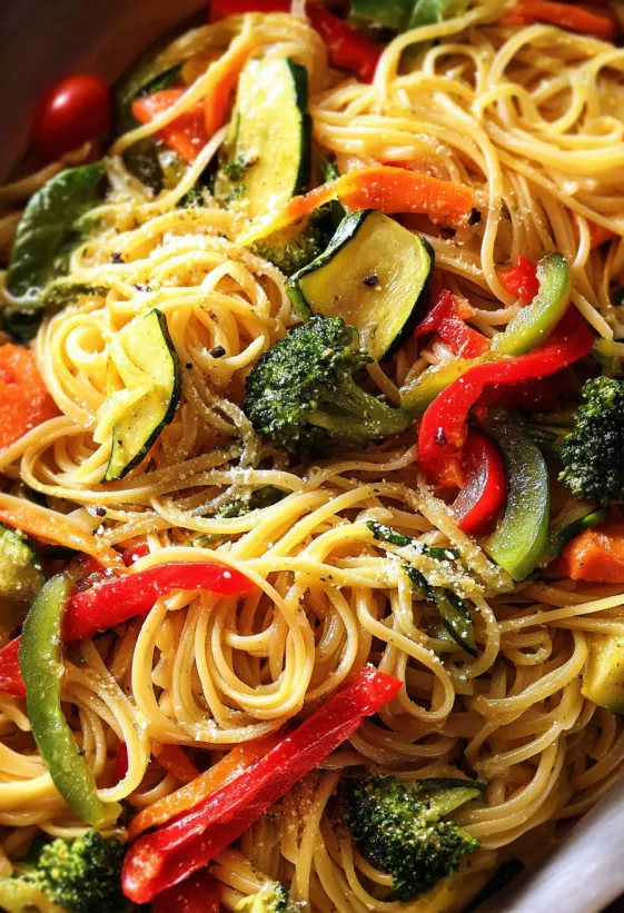 A creamy pasta primavera dish with a variety of vegetables.