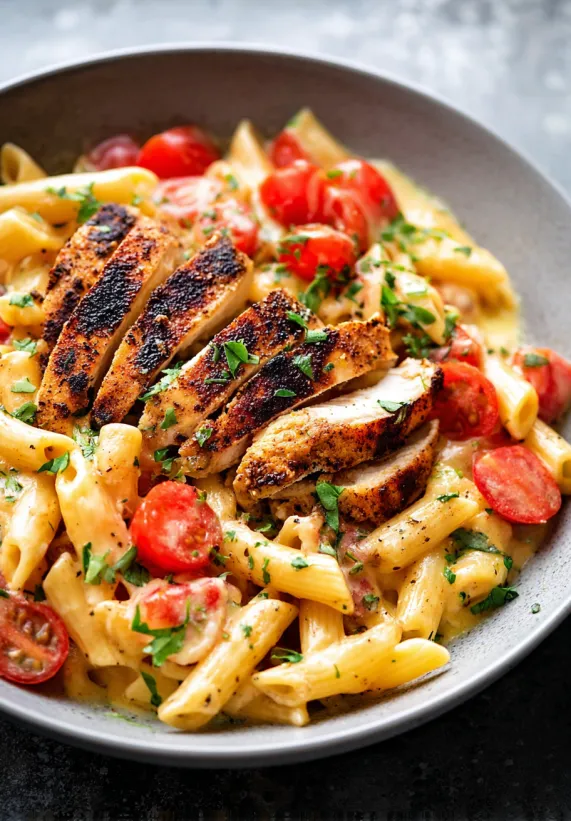 A bowl of Cajun chicken pasta.